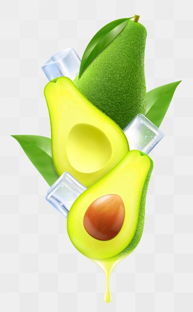 Aguacate verde y cubos de hielo con hojas en movimiento de remolino Composición de la mitad de aguacate maduro entero