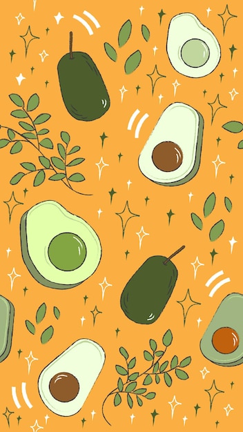 Aguacates de patrones sin fisuras con fondo amarillo fondo de pantalla transparente ilustración de vector plano