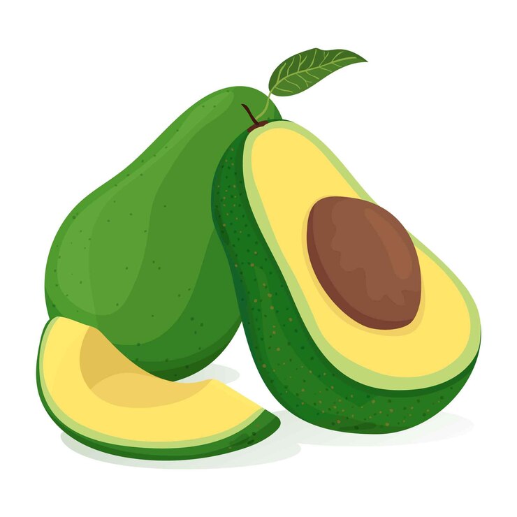 Aguacates planos aislados (enteros, mitades y rodajas)