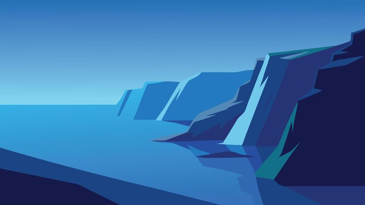 Vector aguas azules y pintorescos acantilados bajo un cielo despejado ilustración vectorial plana