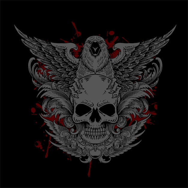 un águila agarrando una calavera con una combinación de adornos florales