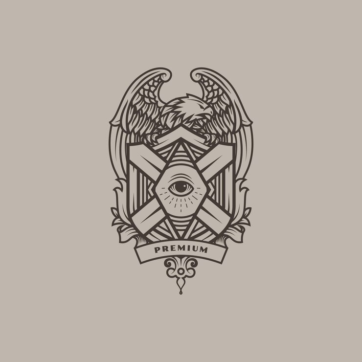 Águila con alas extendidas sosteniendo un emblema vintage con un ojo en el centro Vector Logo Ilustración