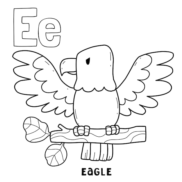 Águila animal del alfabeto para colorear con dibujos animados de animales de letras dibujadas a mano de palabra