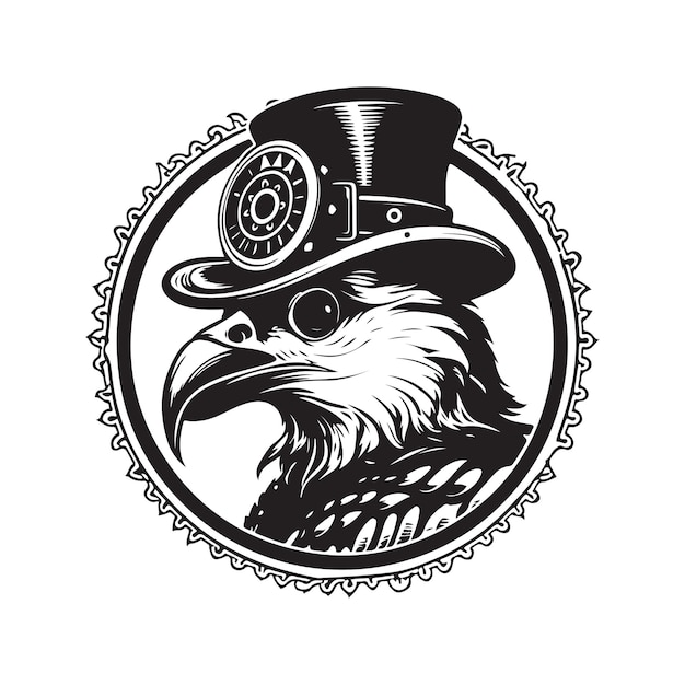 Águila con concepto de logotipo de sombrero steampunk ilustración dibujada a mano en color blanco y negro