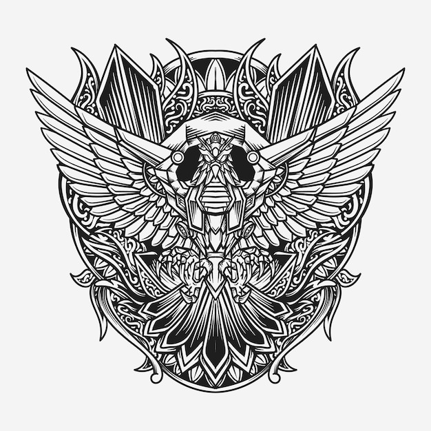 Águila dibujada a mano en blanco y negro ilustración grabada