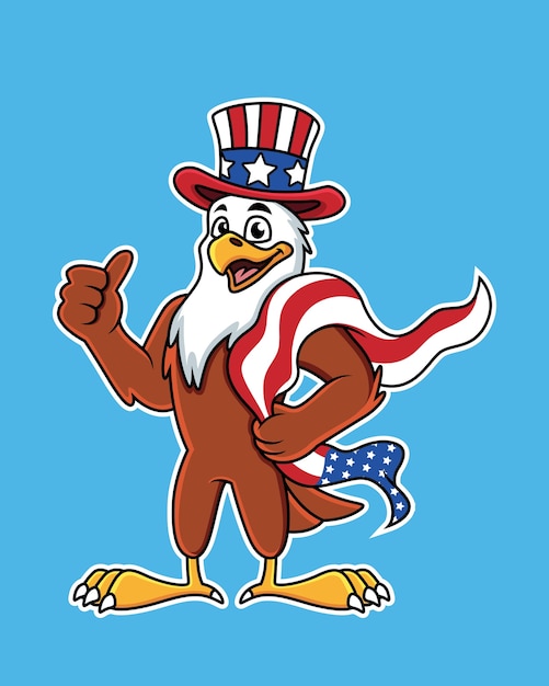 Águila de dibujos animados lindo con cabeza americana y bandera.