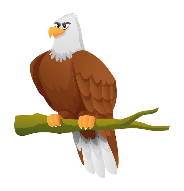 Águila de dibujos animados sentada en la ilustración de la rama aislada sobre fondo blanco