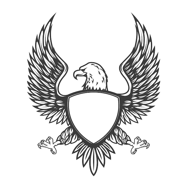 Águila con escudo sobre fondo blanco. Elemento para emblema, insignia.
