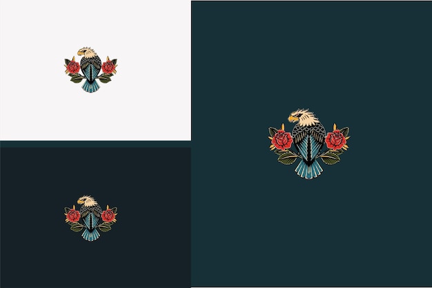 Águila y flores rojas, diseño de ilustraciones vectoriales