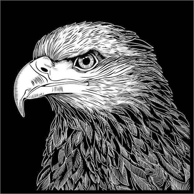 Águila pájaro depredador dibujo vectorial lineal aislado en fondo negro Cabeza de un pájaro salvaje