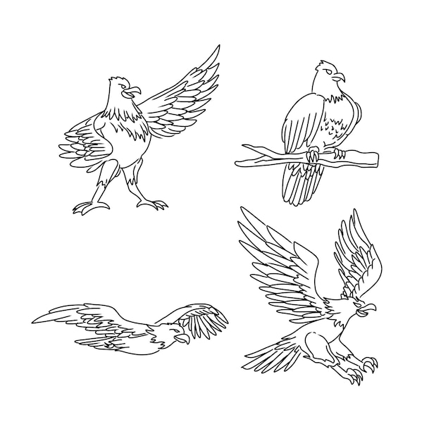 águila pájaro dibujado a mano doodle ilustraciones vector conjunto