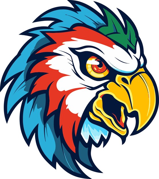 un águila con un pico azul y rojo y una pluma roja y azul