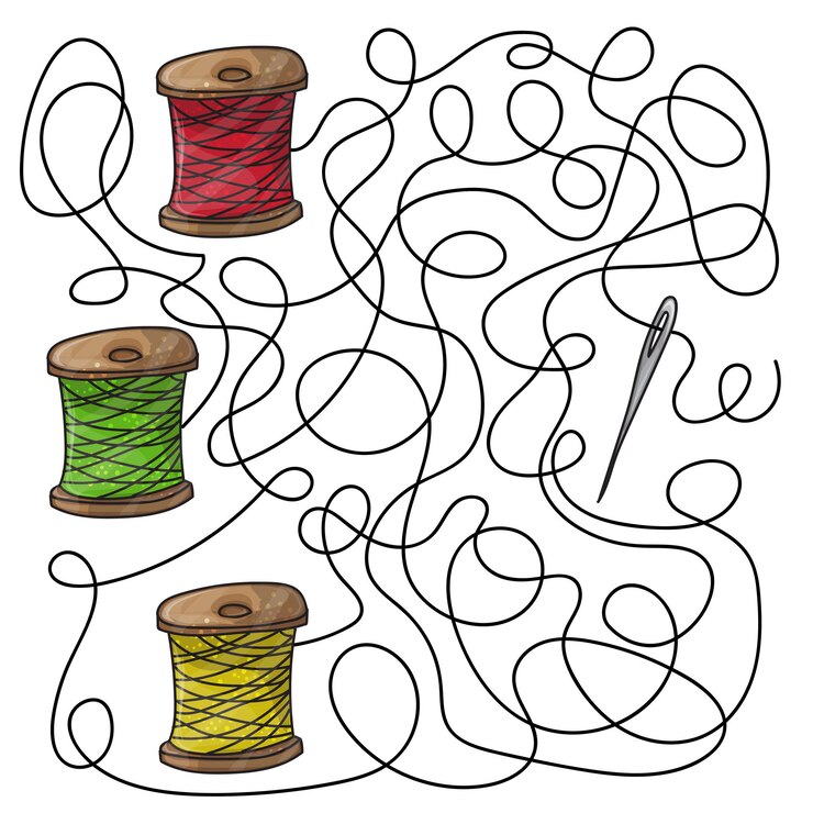Vector aguja de juego de laberinto y carretes de hilo: encuentra el camino correcto