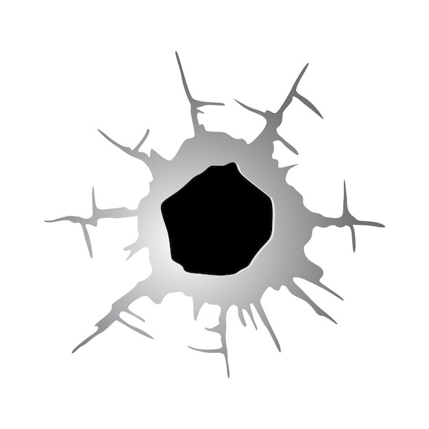 Vector agujero irregular en metal o papel de bala. daños o grietas en la superficie en color monocromático. ilustración de vector aislado sobre fondo blanco.
