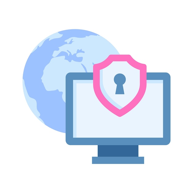 Un agujero de llave dentro de un escudo de seguridad con una computadora y un globo que muestra el icono de la seguridad cibernética en estilo plano