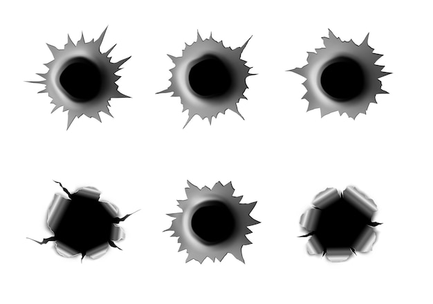 Agujeros de bala realistas, disparos, grietas redondas de metal con bordes rasgados. disparo de vector 3d, marcas de disparos criminales aisladas sobre fondo blanco. roturas circulares de pistola o rifle, destrucción