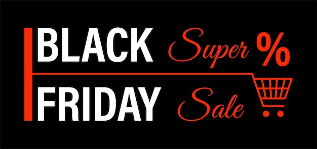Ahorrar dinero comprando productos a precio reducido en venta negra. Banner o emblema con texto caligráfico y carro de compras. Propuesta de centros comerciales y tiendas. Liquidación de la tienda. Vector en estilo plano