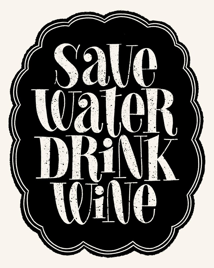 Vector ahorre agua, bebida, vino, letras a mano, tipografía, texto para restaurante, bodega, viñedo, festival