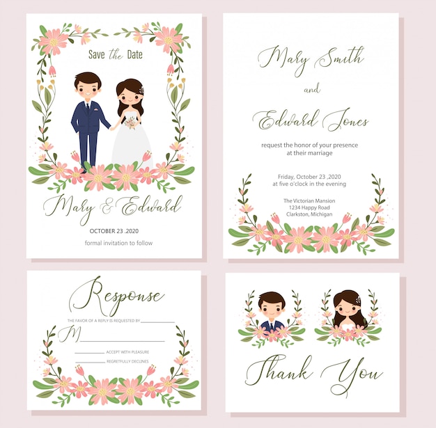 Ahorre la fecha, plantilla de tarjeta de invitación de boda, rsvp, conjunto de tarjetas de agradecimiento