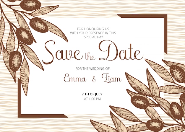 Ahorre la fecha, tarjeta de invitación de boda con aceitunas, hojas y ramas.