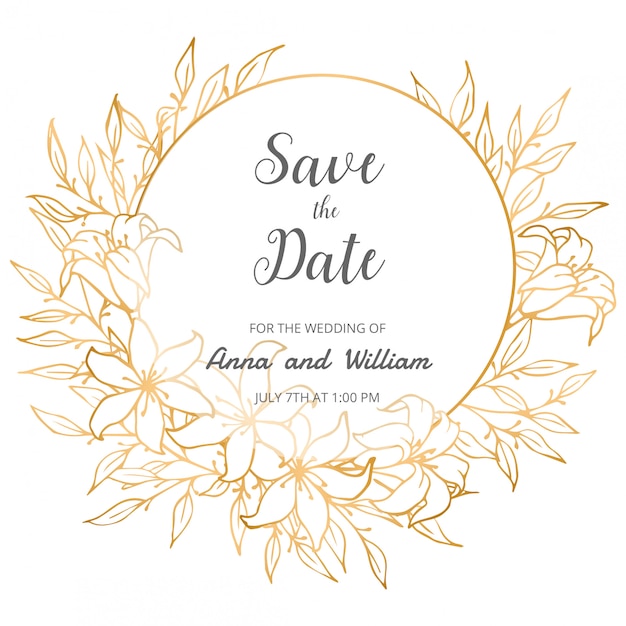 Ahorre la fecha, tarjeta de invitación de boda con flores doradas, hojas y ramas.