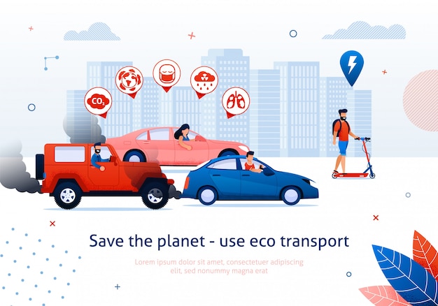 Vector ahorre planeta use el transporte ecológico. scooter eléctrico de hombre. la gente conduce el ejemplo del vector del coche del motor de gasolina.