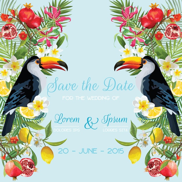 Ahorre la tarjeta de boda de fecha con flores tropicales, frutas, pájaros tucán. Fondo floral