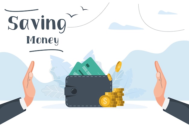 Ahorro de dinero. Las manos ahorran dinero. Ilustración vectorial en estilo moderno