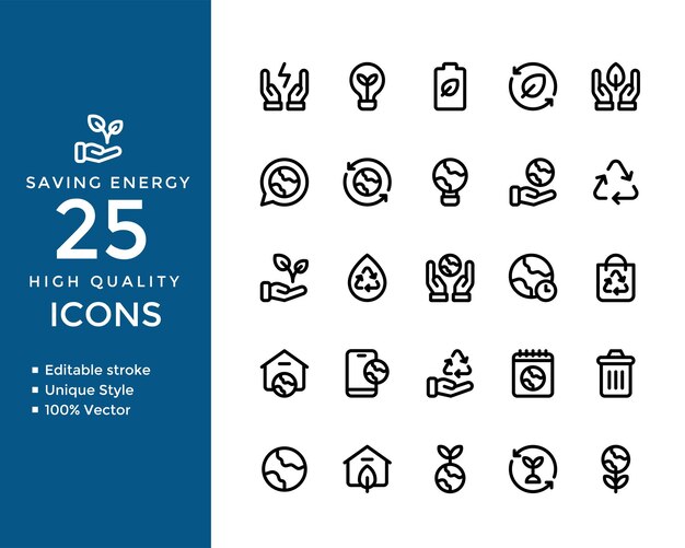 Ahorro de Iconos de Líneas de Energía Símbolos vectoriales editables para la sostenibilidad Reciclaje Planeta Verde