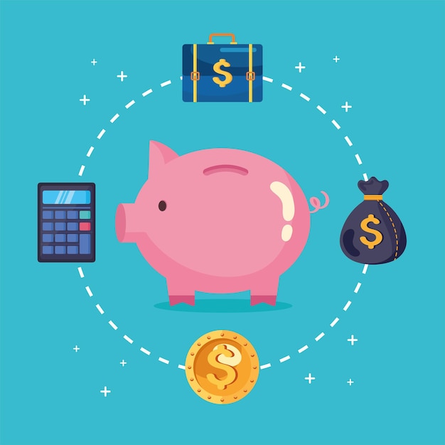 Ahorros alcancía e iconos financieros