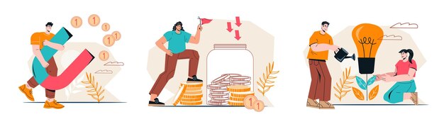 Los ahorros de dinero invierten en el mercado de valores y en el conjunto de ilustraciones de crecimiento financiero