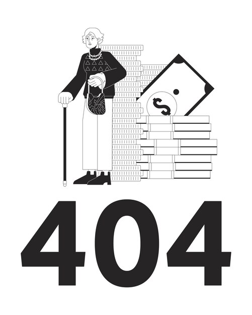 Ahorros de pensiones error blanco y negro 404 mensaje flash gestión financiera diseño de UI de estado vacío monocromo página no encontrada imagen de dibujos animados de pop-up concepto de ilustración de contorno plano vectorial