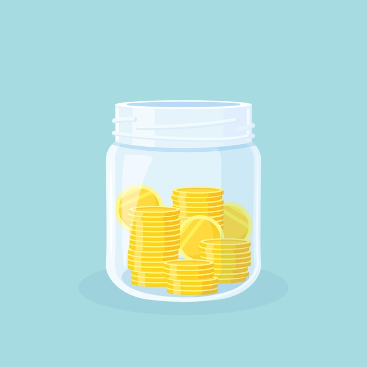 Vector ahorros. tarro de dinero de cristal lleno de monedas de oro. ahorro de dinero en efectivo en hucha. crecimiento, ingresos, inversión, concepto de riqueza