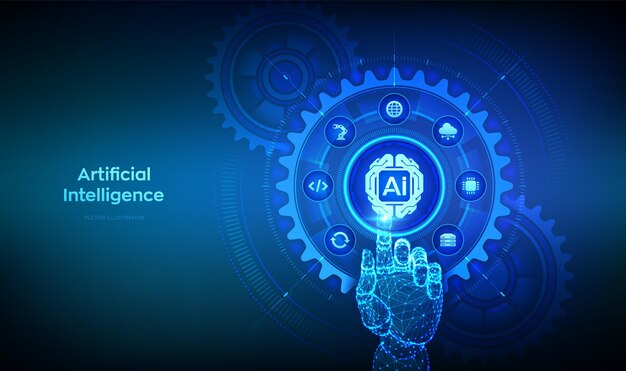 AI Artificial Intelligence Digital brain Machine Learning Concept Neural networks AI technology Wireframe hand touching digital interface with connected gears cogs and icons Vector illustration