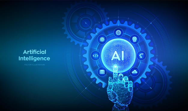 AI Artificial Intelligence Machine Learning Neural networks Wireframe hand touching holographic sphere with circuit board pattern Interface with connected gears and icons Vector illustration