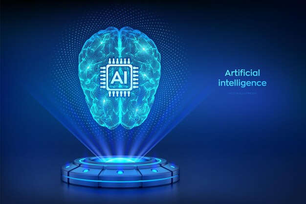 AI Artificial intelligence technology concept Digital brain Holographic platform with glowing rays forming a projection of a digital brain Neural network Machine learning Vector illustration