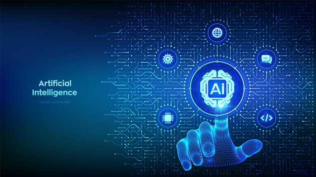 AI Artificial Intelligence technology Digital brain Neural network Machine learning Big data Background with circuit board connections and tech icons Hand pressing button Vector Illustration