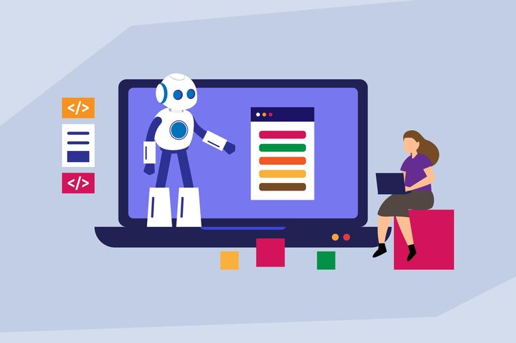 Vector ai assisted web development and coding concept robot collaborating with a female programmer