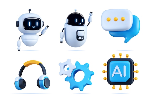 AI bot Chat chatbot tecnología 3D icono artificial GPT soporte de servicio al cliente personaje cara inteligencia humana auriculares y burbuja de habla ilustración de aplicación de cliente vectorial portátil