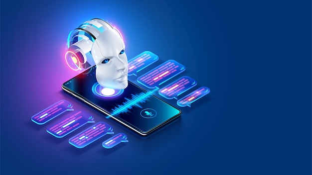 AI chat bot in image robot head hanging over screen phone Mobile online AI chat bot talk through messenger with user Abstract face of internet Chatbot with artificial intelligence chatting on phone