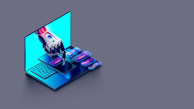 AI chatbot in image robot or cyborg holding in hand message bubbles Online AI chat bot talk through messenger with user Technical support bot internet assistance with artificial intelligence or AI