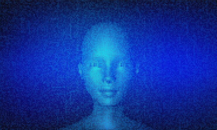 Vector ai. concepto de inteligencia artificial. rostro humano digital abstracto con fondo de código binario digital de matriz de transmisión.