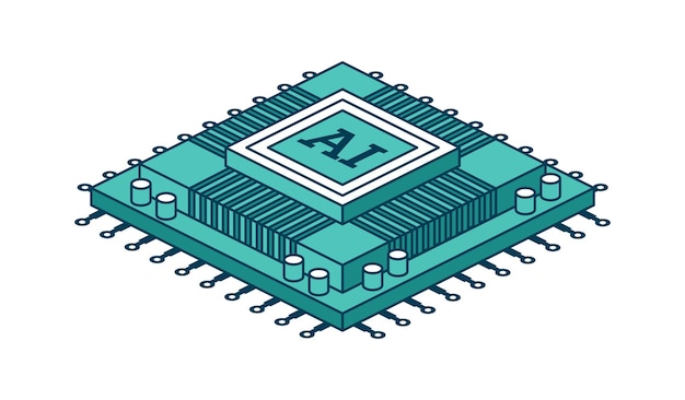 AI CPU microchip Isometric illustration Digital processor with circuits and components symbolizing artificial intelligence and advanced computing technology