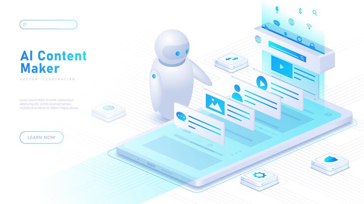 Vector ai creador de contenido cartel blanco inteligencia artificial y chatbot de aprendizaje automático con teléfono inteligente