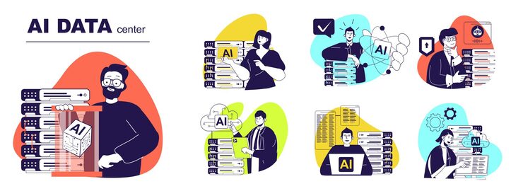 Vector ai data center concept set for web design collection with people using network computing with artificial intelligence technology cloud processing online backup with security vector illustration