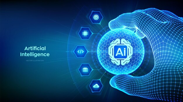 AI digital brain circuit board icon Artificial Intelligence in the shape of sphere with hexagon pattern in hand Machine Learning technology concept Big data Neural network Vector illustration