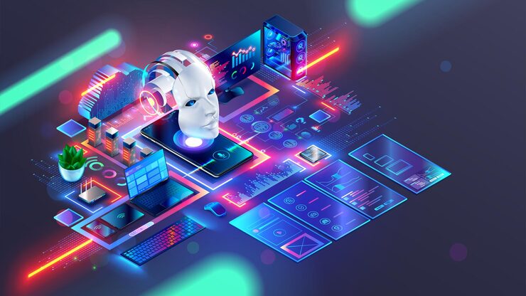 Vector ai generates code of programs web pages chatbot with ai for programming web design creates website templates program interfaces robot head above phone laptop tablet with program text icons