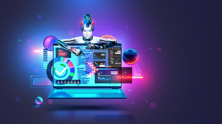 Vector ai helps programmer creates software neural network coding program text artificial intelligence in image robot cyborg helps the programmer to create software software development with ai chat bot