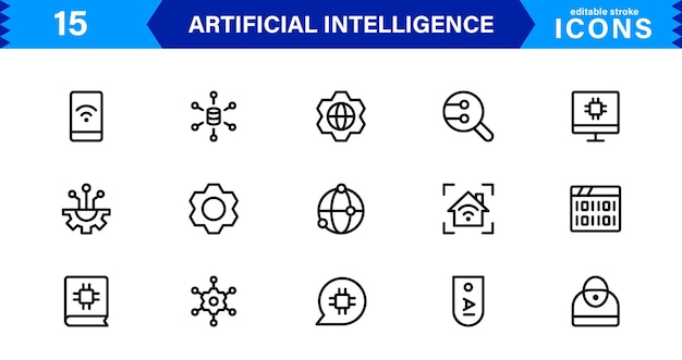 AI Icon Set Featuring Machine Learning Neural Networks Robots Automation and Data Analysis