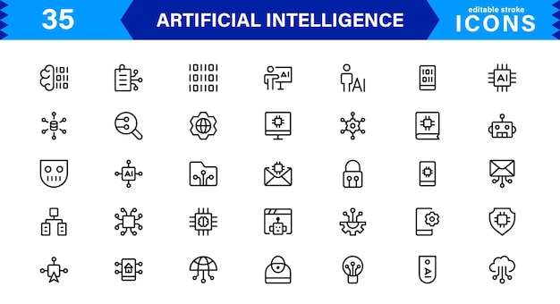 AI Icon Set Featuring Machine Learning Neural Networks Robots Automation and Data Analysis